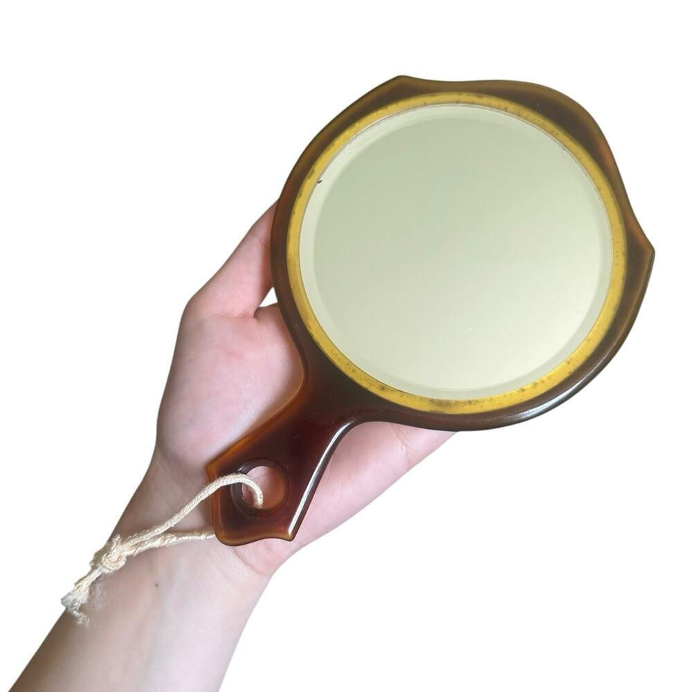 VTG Faux Tortoiseshell Art Deco Celluloid Hand Mirror Vanity Purse Mirror MCM